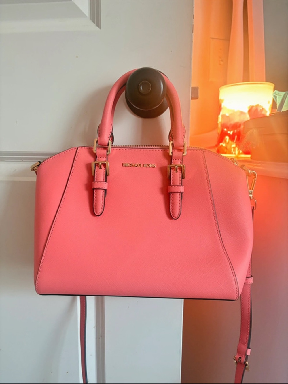 Michael Kors Coral Pink Saffiano Satchel with Gold Hardware